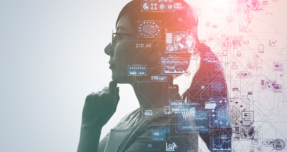 Imagen de una mujer pensando con ilustración vectórica sobre puesta que hace alusión all uso de IA y IoT para artículo LINDA disminuye escasez de talento y fortalece fuerza laboral tecnológica