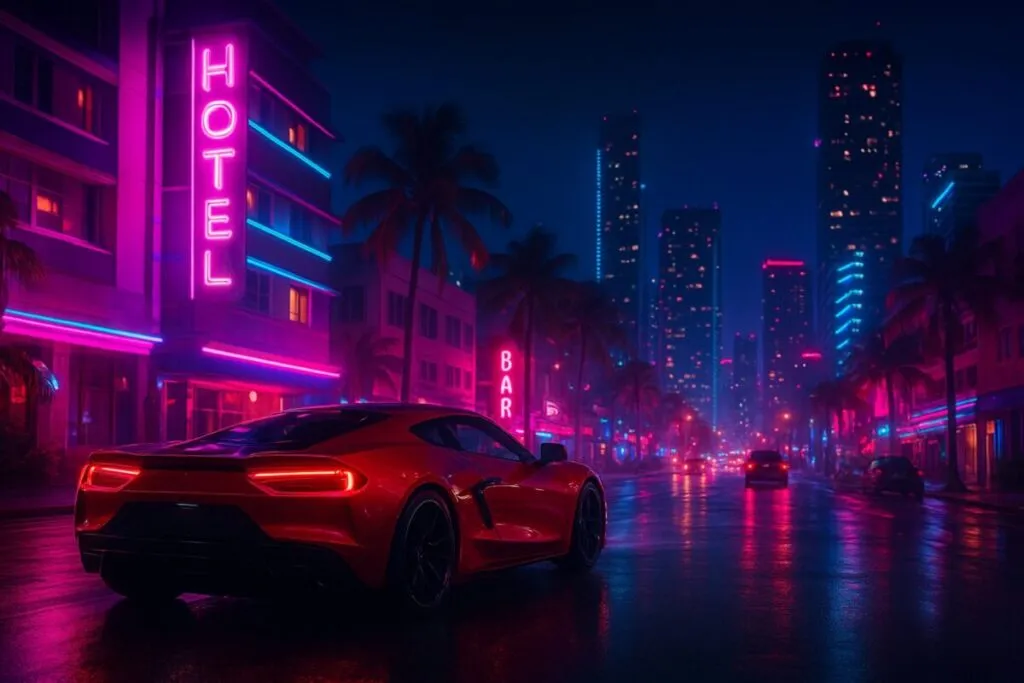 Escena urbana nocturna inspirada en Vice City que representa el lanzamiento confirmado de GTA 6 en consolas de nueva generación