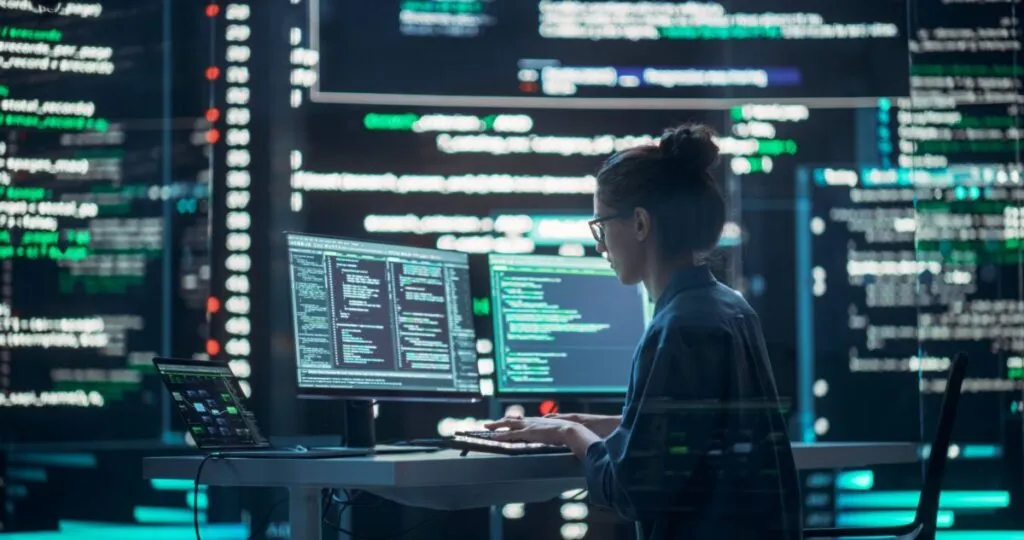 Ingeniero de IA en oficina tecnológica moderna con pantallas de datos y gráficos