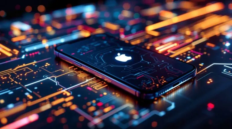 Fotografía de un iPhone sobre escritorio iluminado que simboliza longevidad y soporte extendido de Apple