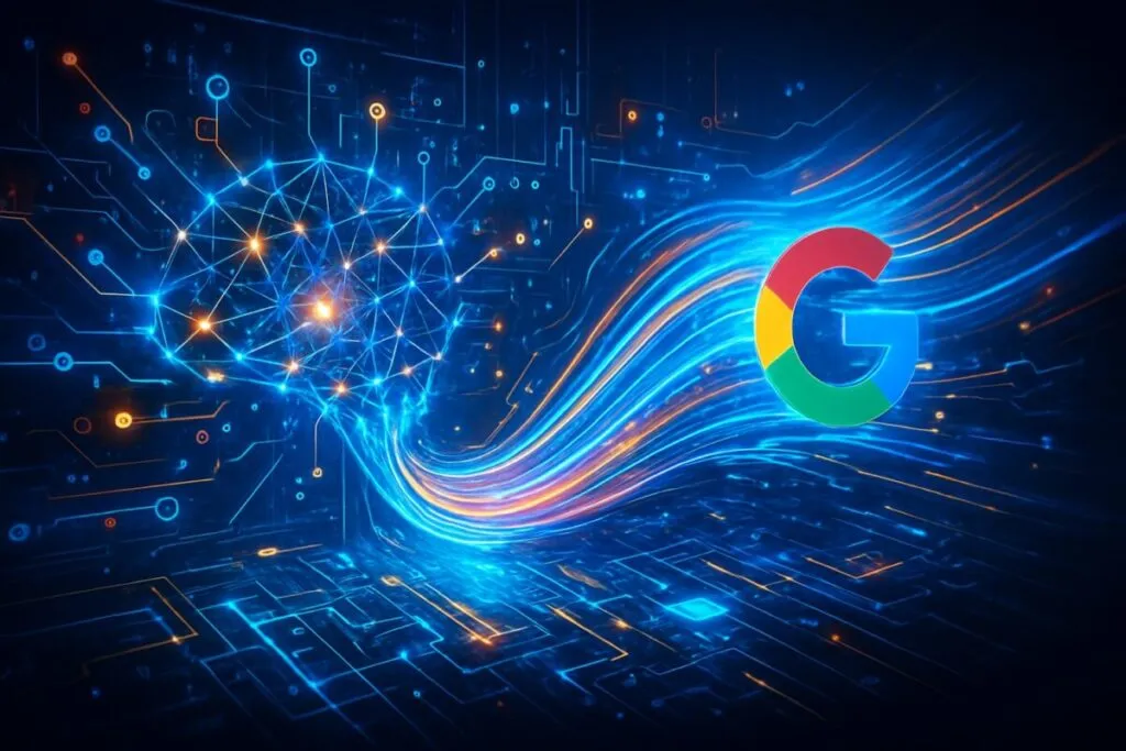 Ilustración conceptual de la innovación de Google con cascadas especulativas para acelerar la inferencia LLM en inteligencia artificial