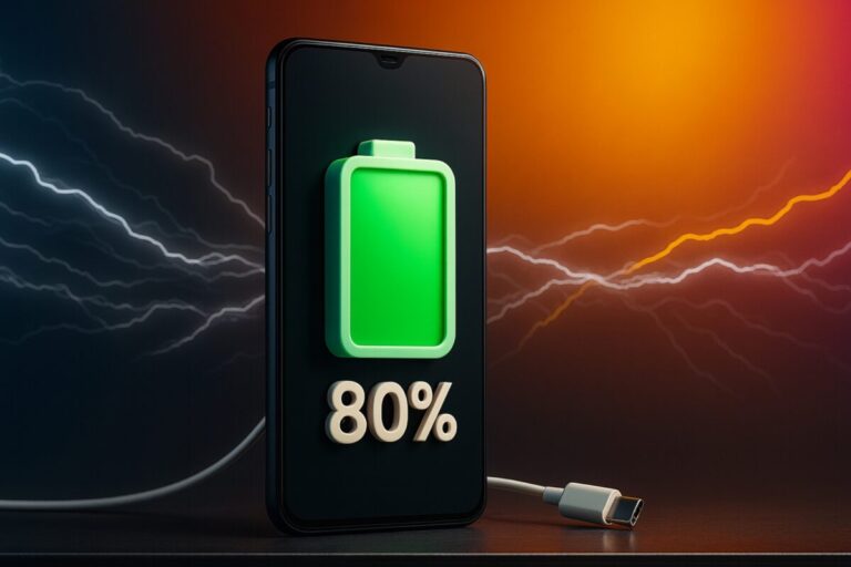 Ilustración de smartphone mostrando batería al 80 por ciento, representando el porcentaje ideal de carga en México