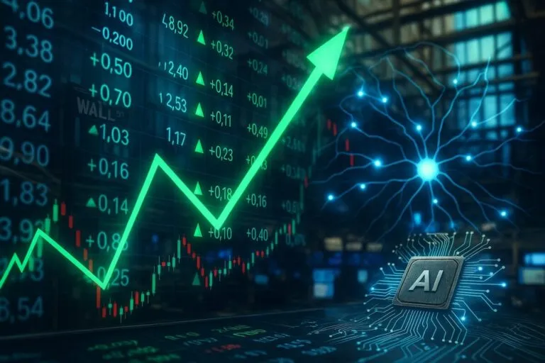 Representación del mercado de IA en Wall Street con gráficos financieros y símbolos de inteligencia artificial