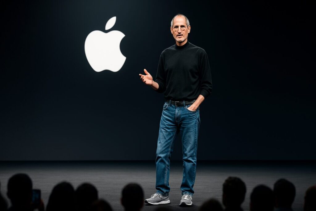 Steve Jobs vestido con suéter negro y jeans como símbolo de minimalismo y cultura tecnológica