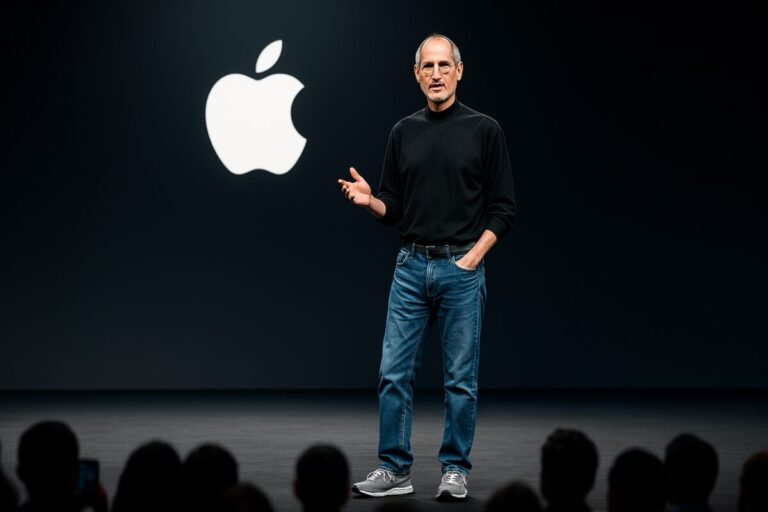Steve Jobs vestido con suéter negro y jeans como símbolo de minimalismo y cultura tecnológica