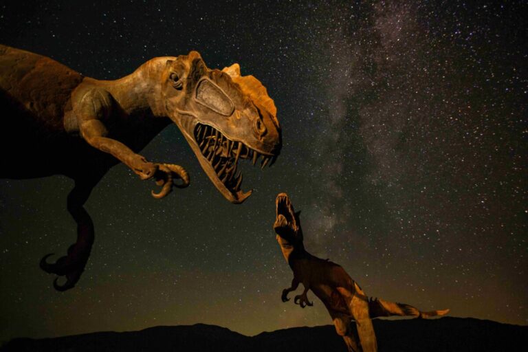 Ilustración editorial de dinosaurios y fósiles revelados con nuevas tecnologías de investigación científica
