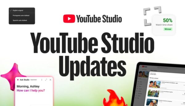 Fotografía realista de un creador digital en su estudio usando herramientas de YouTube con pantallas modernas y elementos de inteligencia artificial.