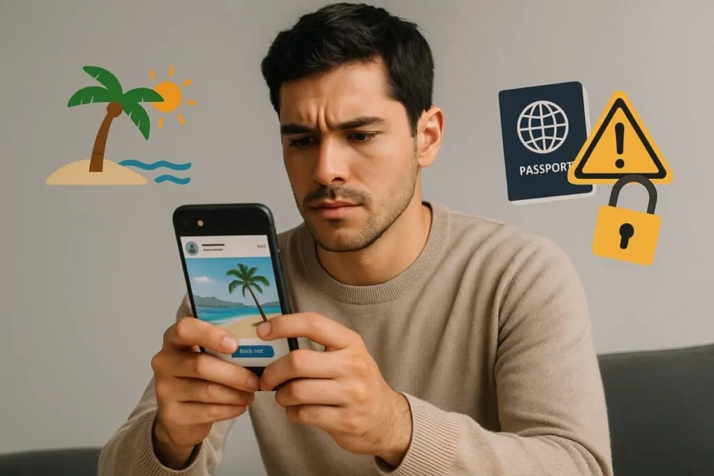 Ilustración de perfil falso en redes sociales promocionando paquetes vacacionales engañosos en México