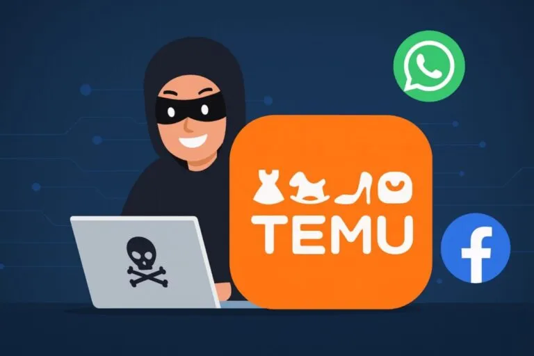 Representación de estafas digitales con la imagen de Temu circulando en redes sociales en México