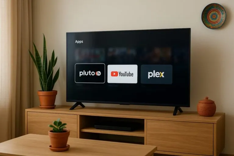 Interfaz de televisión mostrando apps como Pluto TV, YouTube y Plex en una Smart TV moderna en un hogar colombiano