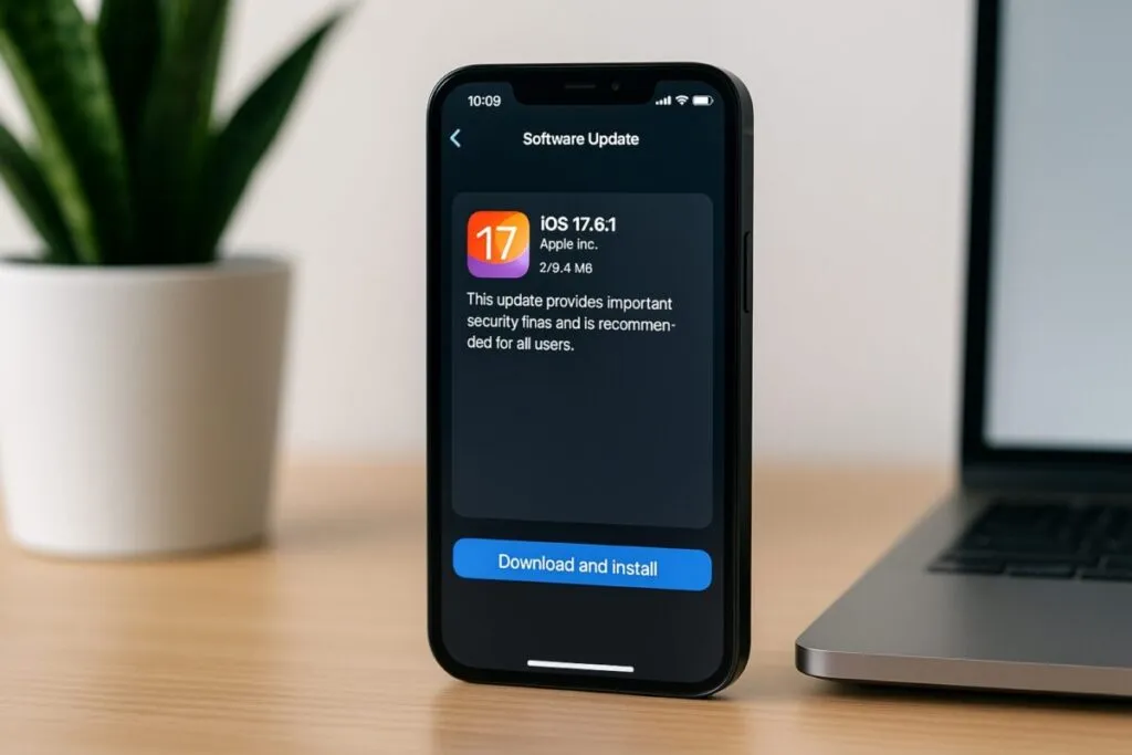 iPhone mostrando pantalla de actualización de software con iOS 17.6.1, mejoras de seguridad antes de iOS 18