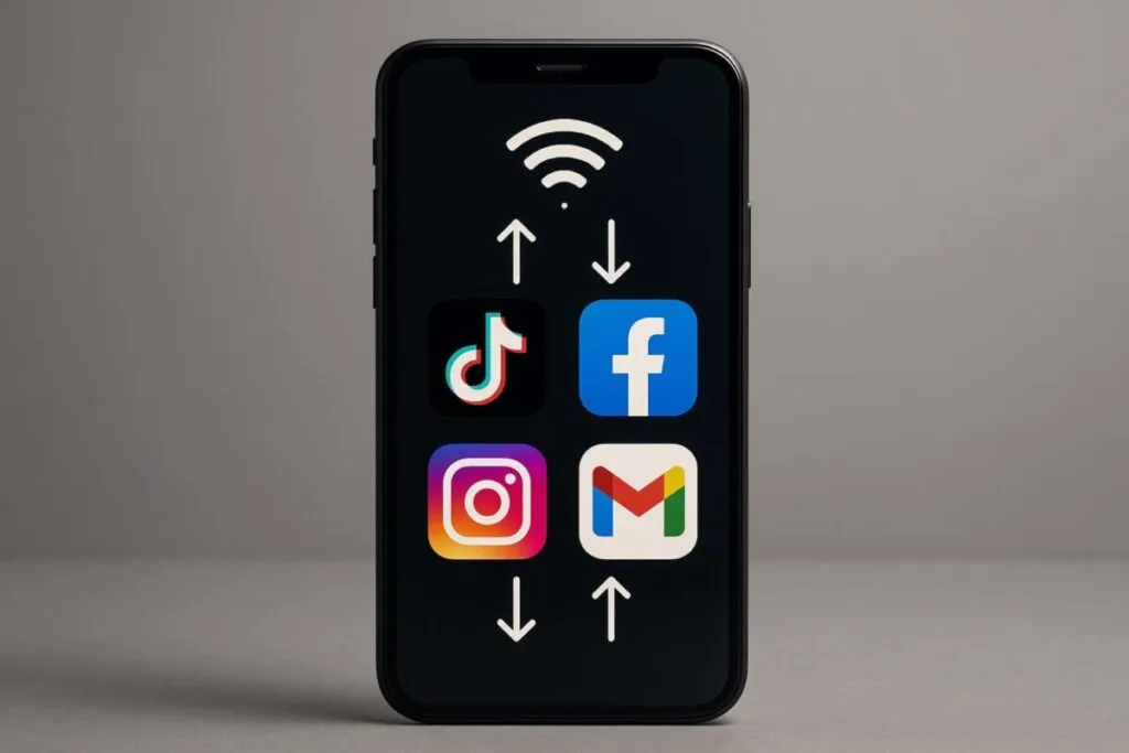 Smartphone mostrando múltiples apps activas que consumen datos móviles en segundo plano
