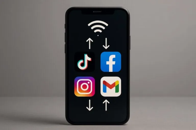 Smartphone mostrando múltiples apps activas que consumen datos móviles en segundo plano