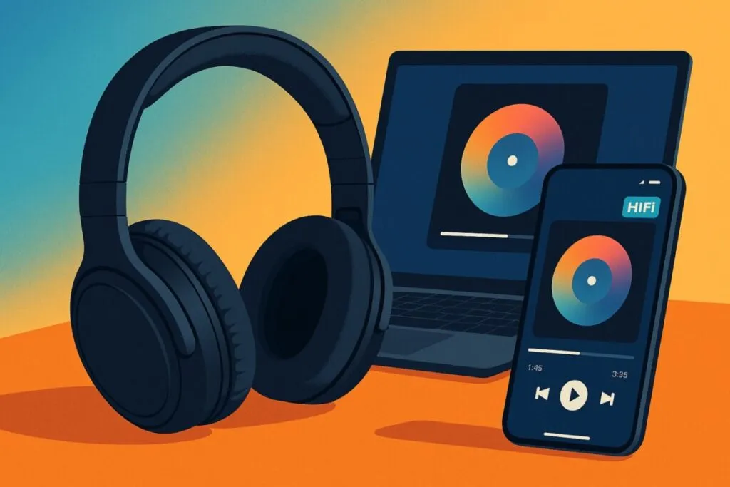 Usuario disfrutando audio HiFi en auriculares con plataforma de música de alta fidelidad en pantalla