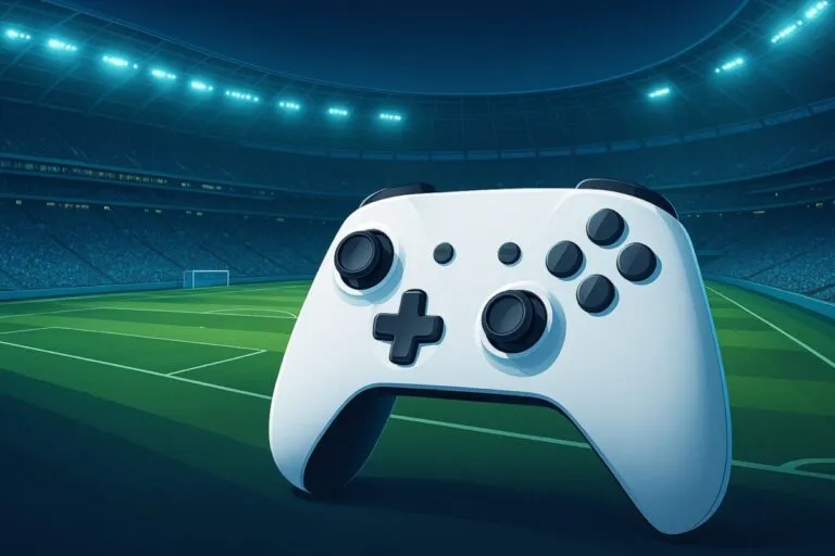 Imagen que muestra un estadio digital y un control de videojuego representando el futuro de EA Sports FC tras dejar FIFA