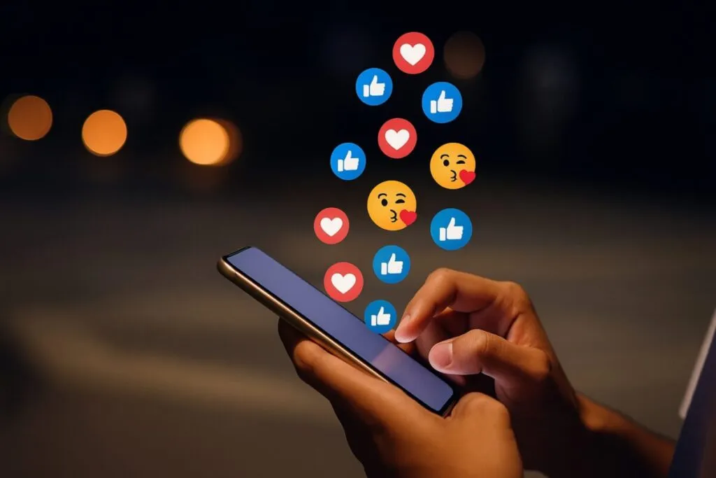 Mano usando smartphone con íconos flotantes de redes sociales como likes y emojis, representando el impacto en la autoestima adolescente