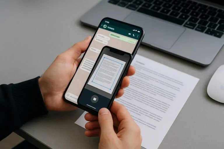 Persona escaneando un documento en papel desde WhatsApp con su celular para enviarlo como PDF