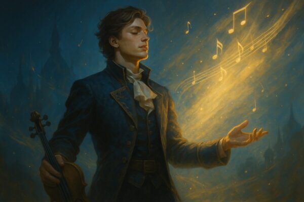 Ilustración de Expedition 33 mostrando su banda sonora nominada a los Grammy con estética cinematográfica