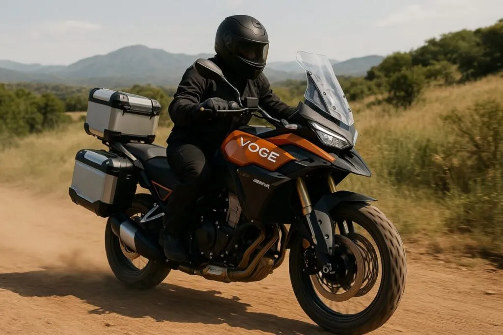 Moto trail Voge DS800X equipada, recorriendo caminos rurales en Argentina