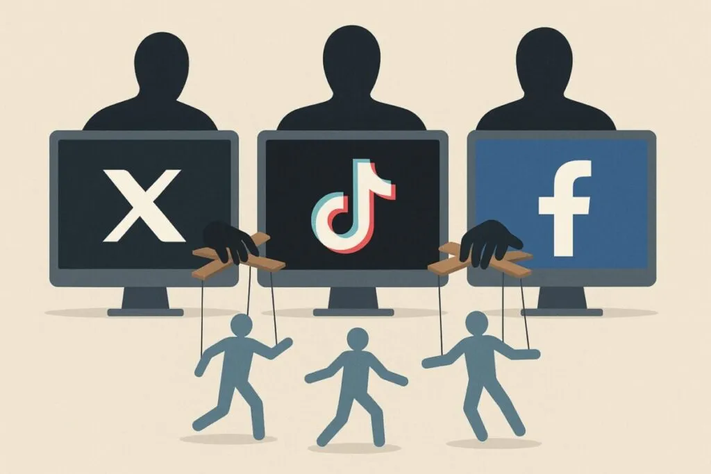 representación visual de manipulación digital en redes sociales con bots y trolls
