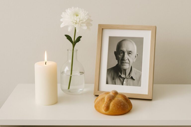 Ofrenda minimalista para Día de Muertos con flores, vela y fotografía en un entorno moderno y sobrio