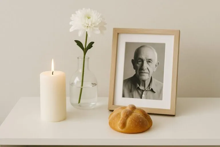 Ofrenda minimalista para Día de Muertos con flores, vela y fotografía en un entorno moderno y sobrio