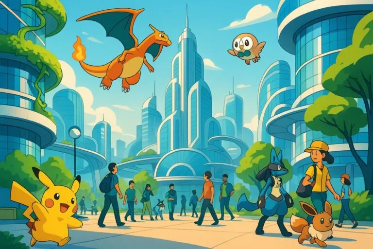 Vista editorial de Ciudad Luminalia en Leyendas Pokémon Z-A con estética futurista y Pokémon en convivencia