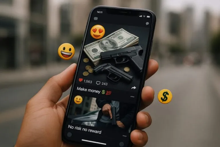 Ilustración de un celular mostrando contenido atractivo y peligroso usado por grupos criminales para reclutar jóvenes