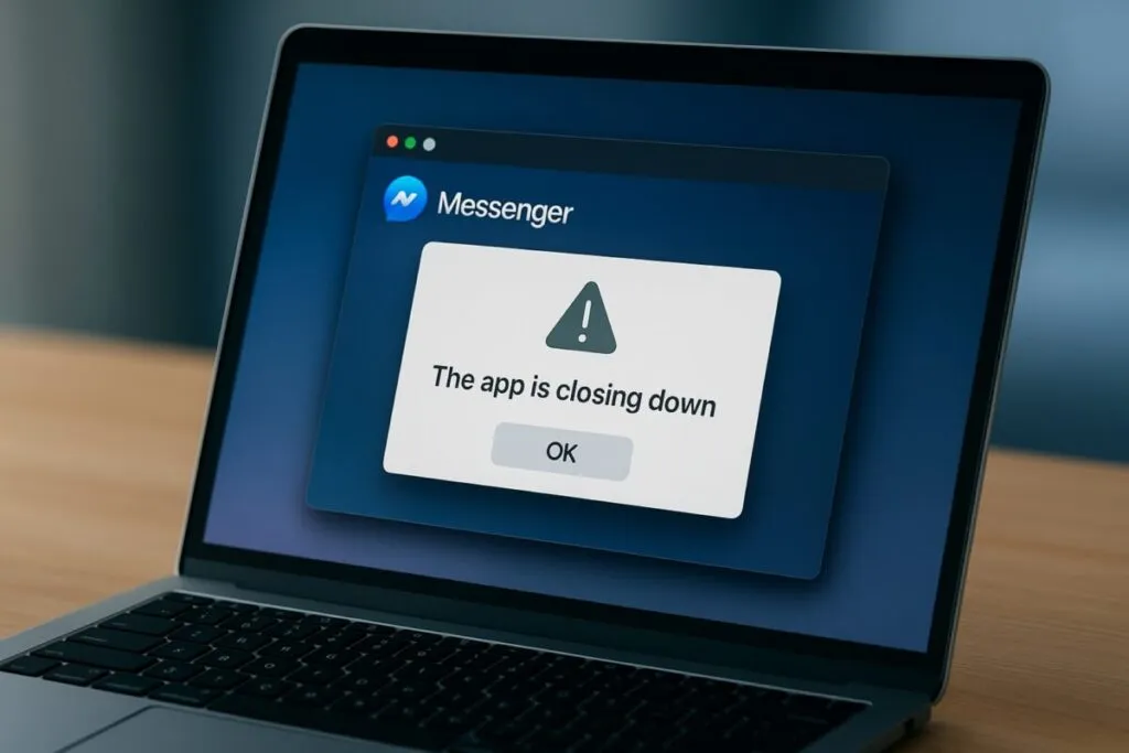 Notificación en computadora sobre el cierre de la app Messenger para Windows y macOS, según anuncio oficial de Meta