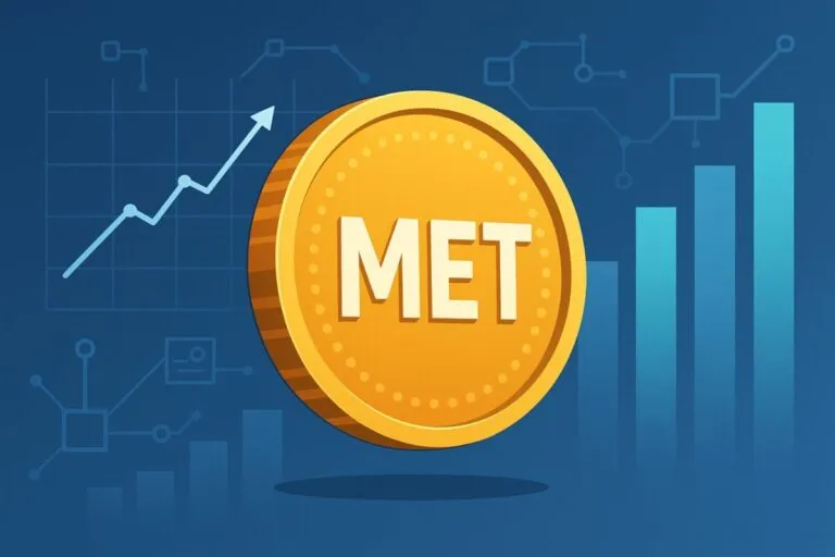 Token rentable MET de Meteora con gráficos cripto de fondo