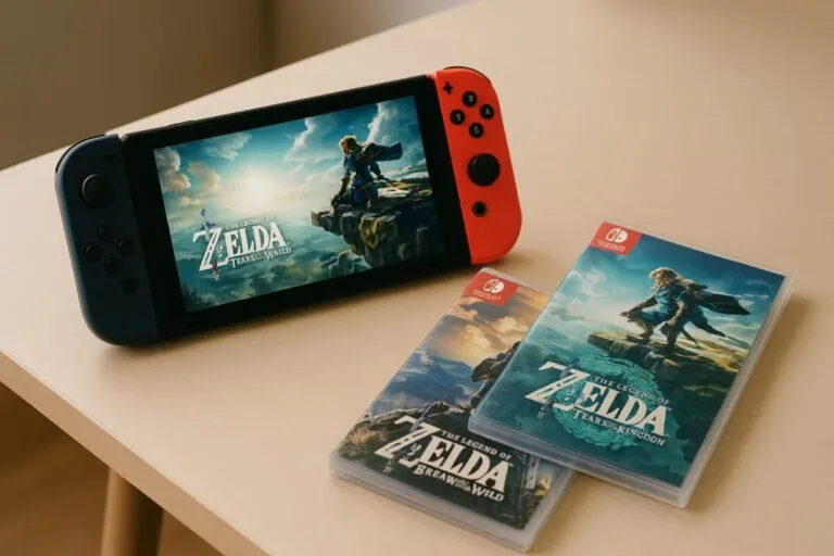 Imagen de consola Nintendo Switch junto a dos videojuegos de Zelda en oferta especial en El Corte Inglés