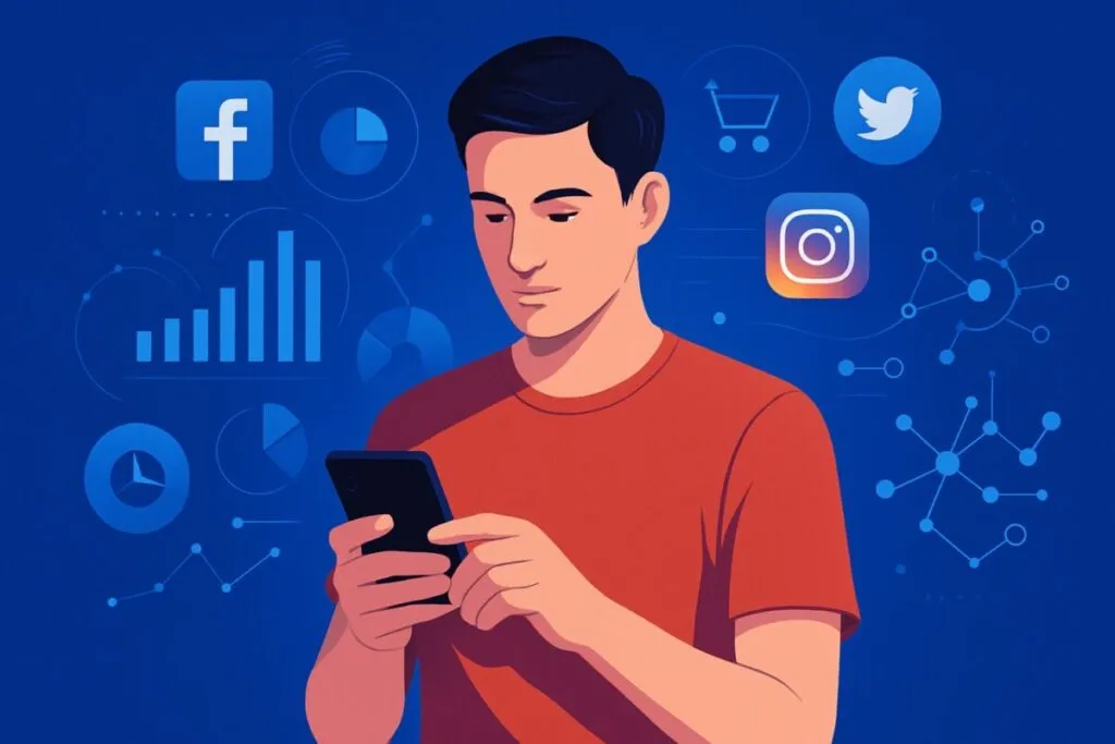 Ilustración sobre cómo las redes sociales usan datos para predecir intereses y mostrar anuncios personalizados