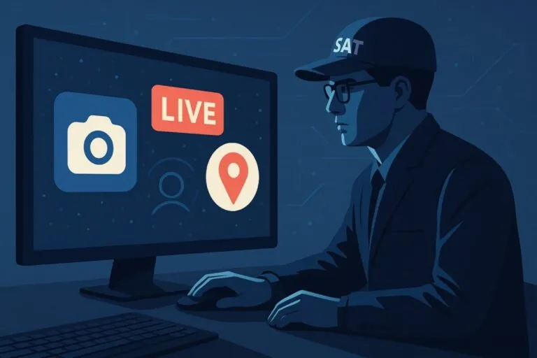 Ilustración de una cámara y redes sociales siendo monitoreadas por el SAT en México