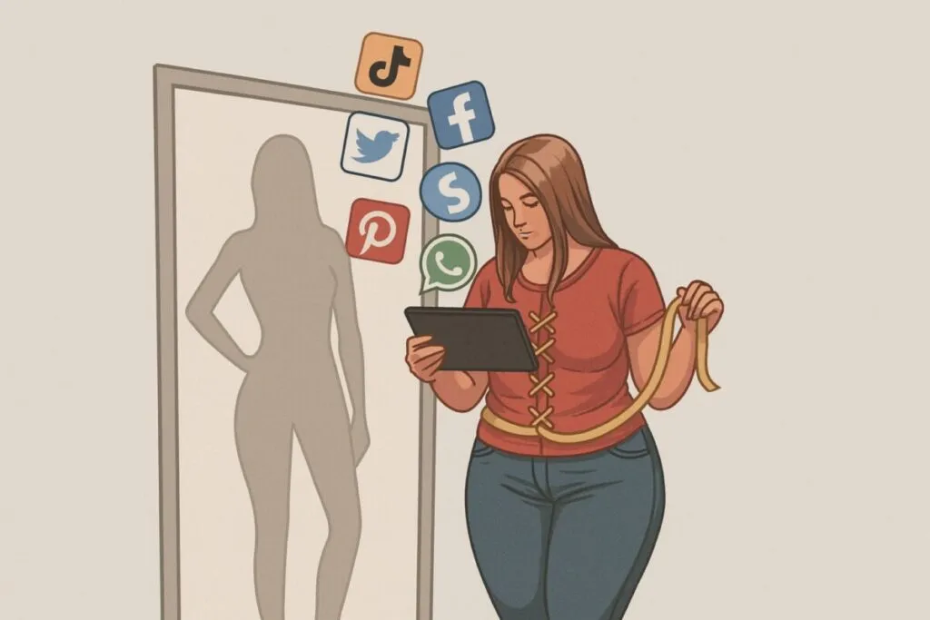 Jóvenes mexicanos usando redes sociales en su teléfono mientras lidian con trastornos alimenticios