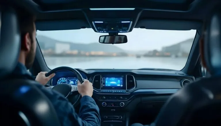 Interior de un SUV blindado visto desde el asiento del conductor, con tablero digital encendido y vista panorámica al exterior. La escena muestra tecnología, confort y control acústico, reflejando el enfoque técnico de ShelHa Soluciones sobre el equilibrio entre peso, maniobrabilidad y seguridad en vehículos blindados.