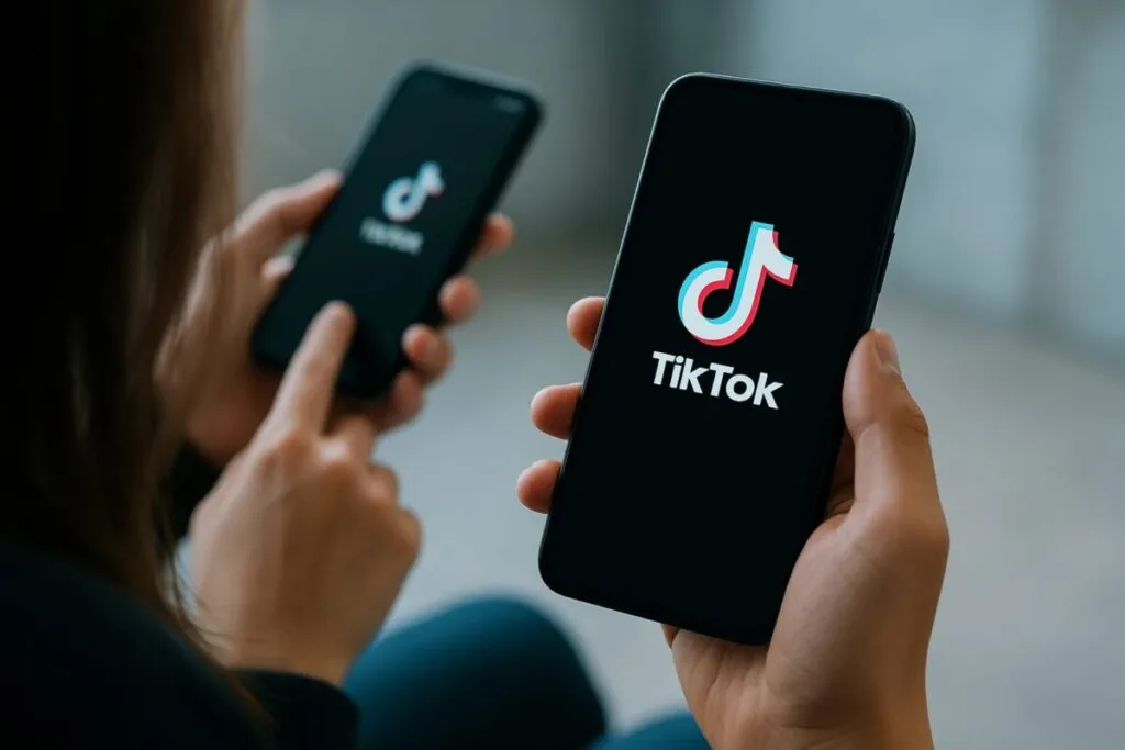 Jóvenes en Alemania mirando TikTok en sus teléfonos, reflejando el impacto en la salud mental y el bienestar digital.