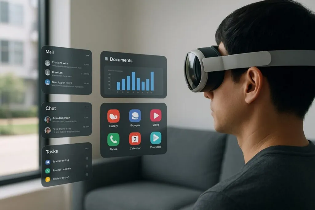 Visor Galaxy XR con pantalla flotante de aplicaciones y entorno de realidad mixta, destacando funciones de conectividad y productividad
