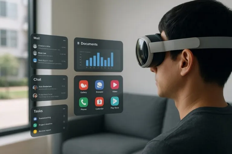 Visor Galaxy XR con pantalla flotante de aplicaciones y entorno de realidad mixta, destacando funciones de conectividad y productividad