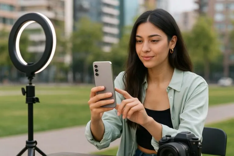 Mujer joven usando Galaxy S25 FE para grabar y editar contenido en redes sociales