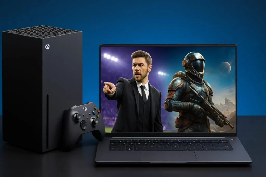 Imagen editorial de Xbox Game Pass con elementos visuales de Football Manager 26 y The Outer Worlds 2