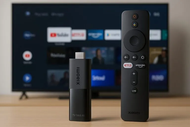 Imagen del nuevo Xiaomi TV Stick 4K y su mando con botones de acceso a Google Apps