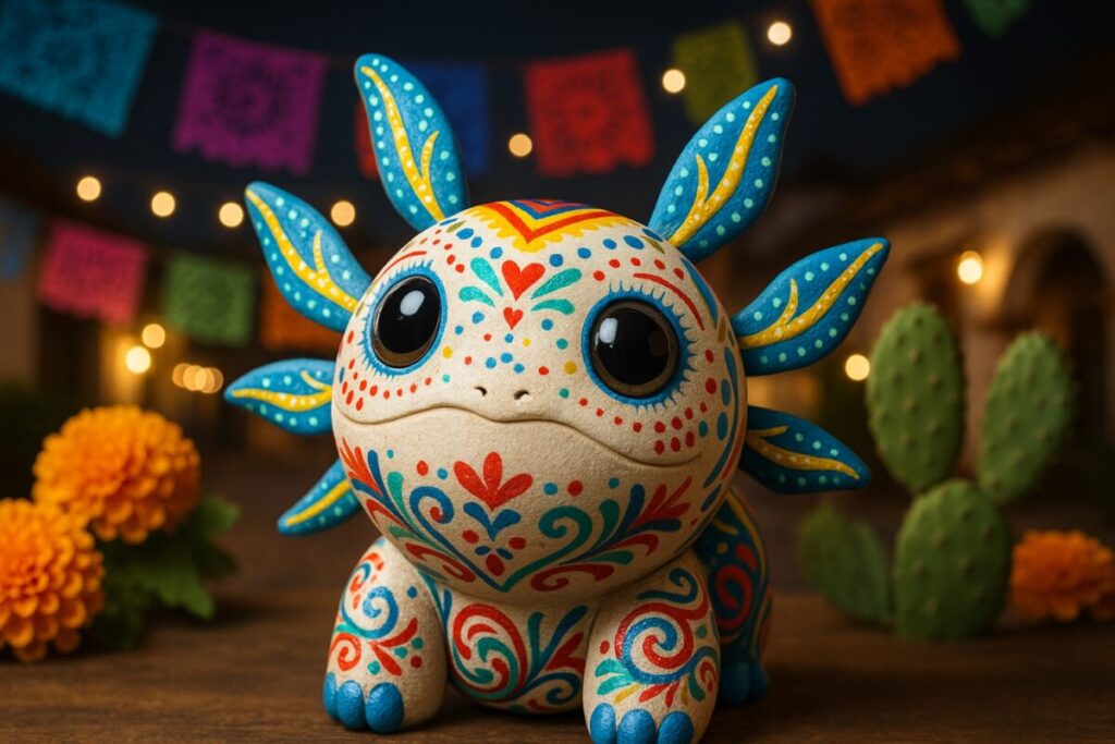 Imagen editorial de una tragamonedas digital con alebrijes coloridos y símbolos de la cultura mexicana