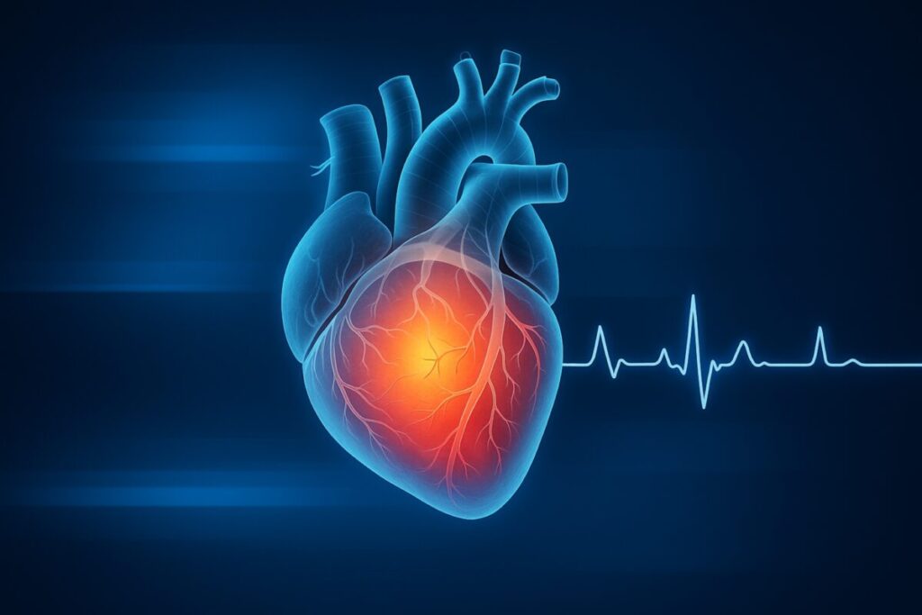 Representación digital de un corazón humano, simboliza el riesgo cardiovascular en mujeres durante la menopausia