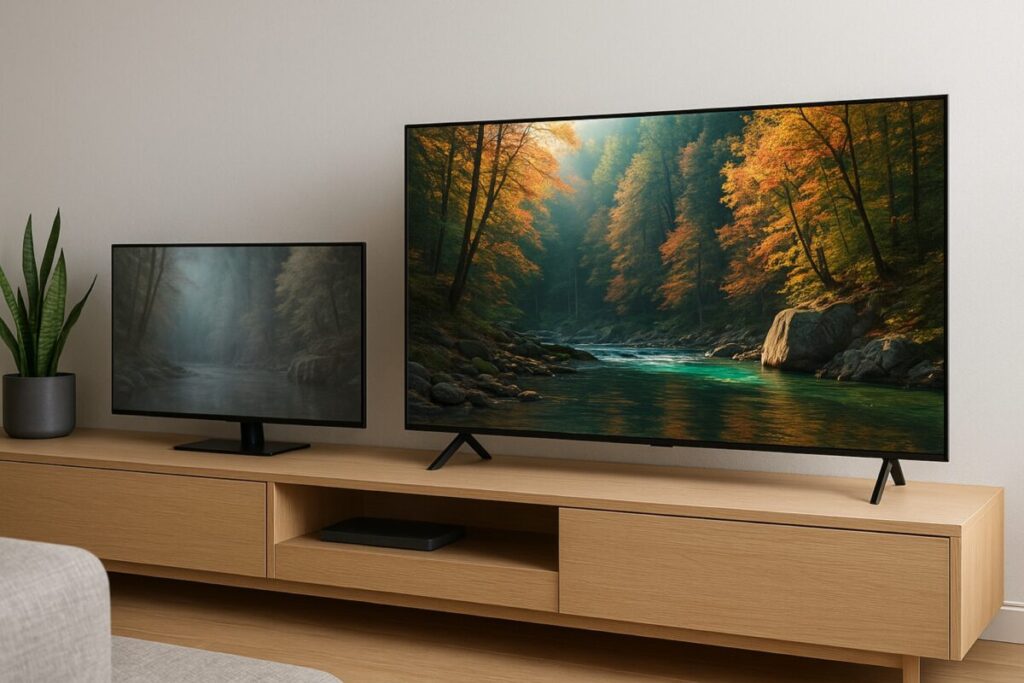 Televisor QLED encendido mostrando imagen nítida sin burn-in con fondo oscuro