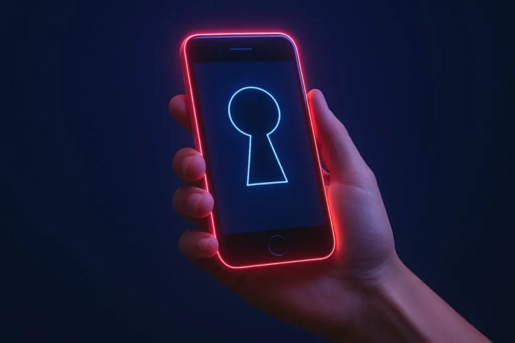 Persona sujetando un celular con ícono de privacidad, simbolizando cómo evitar que el celular te espíe