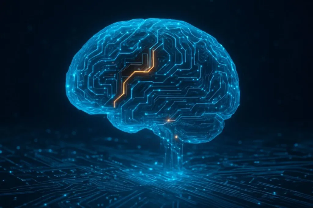 Representación abstracta de inteligencia artificial con elementos tecnológicos y estilo futurista