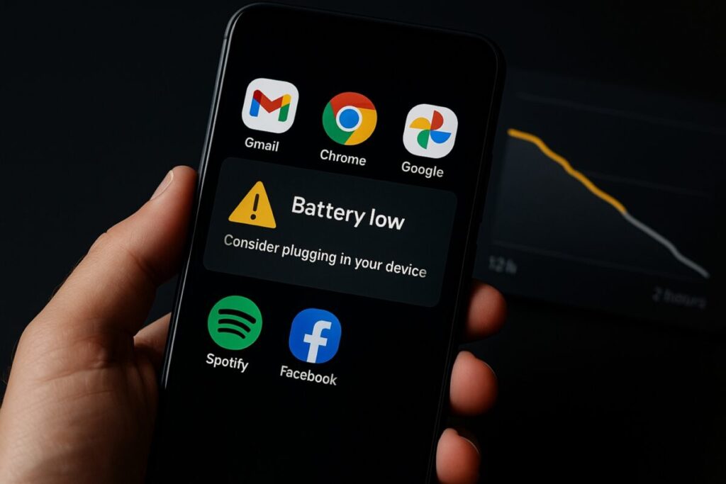 Ilustración de smartphone Android con apps que agotan batería, con alerta de energía