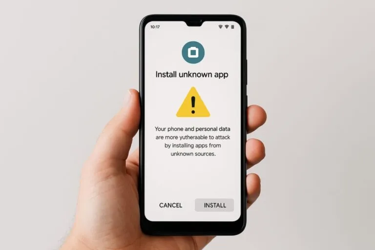 Persona instala apps no verificadas en un dispositivo Android con advertencias de seguridad visibles