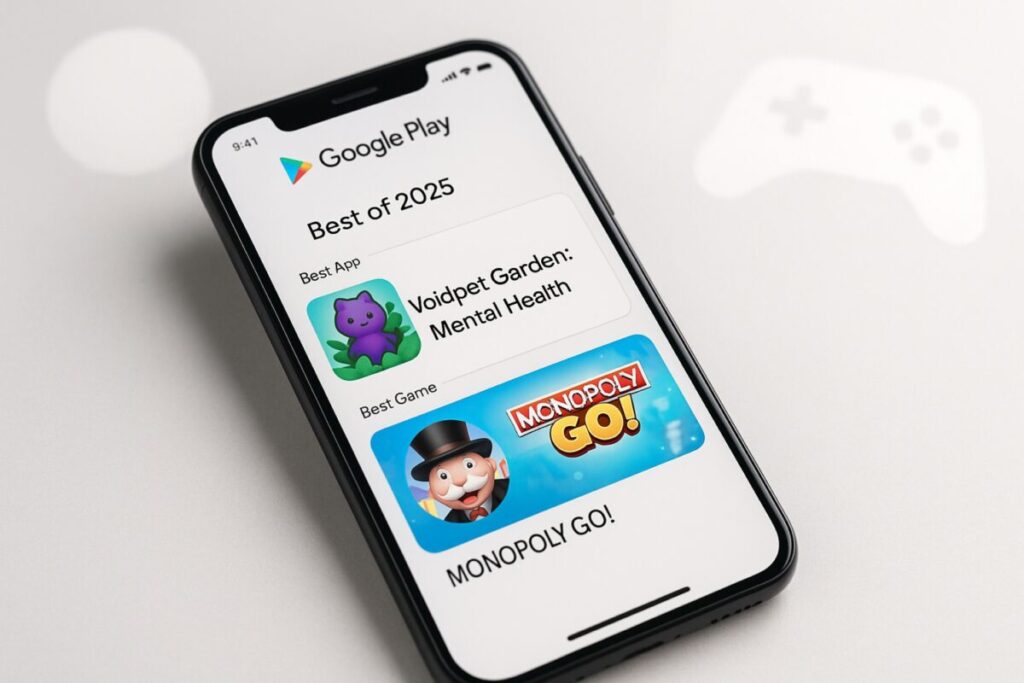 Ilustración del trofeo de Google Play Store con íconos de apps y videojuegos destacados