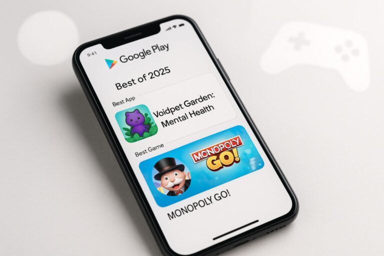 Ilustración del trofeo de Google Play Store con íconos de apps y videojuegos destacados